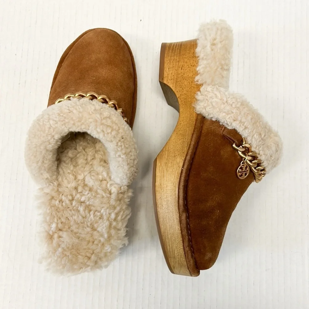 Tory Burch Benton wooden fur suede clogs